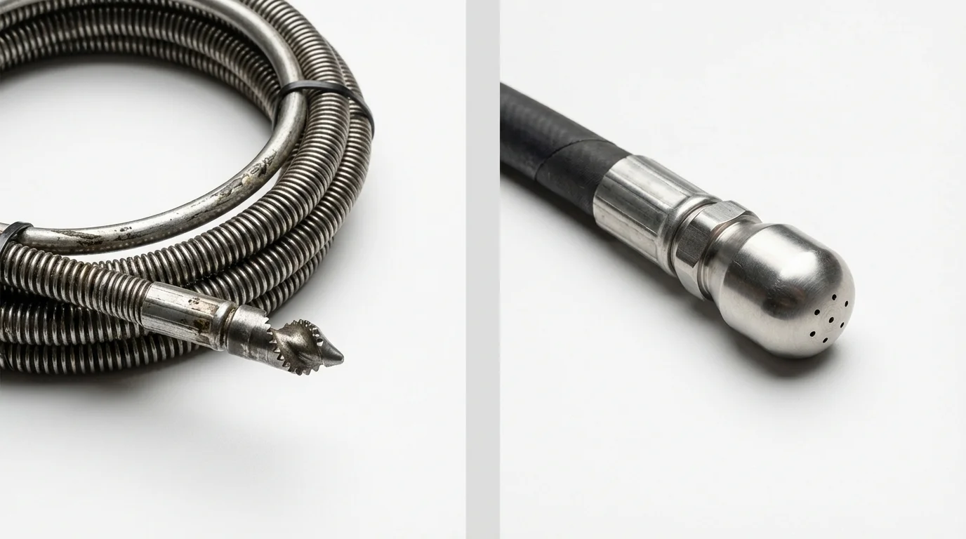 Drain snake cable and hydro jetting nozzle used for drain cleaning in Aurora, MO